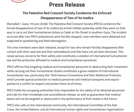 The Palestine Red Crescent Society Condemns the Enforced Disappearance of Two of its Medics